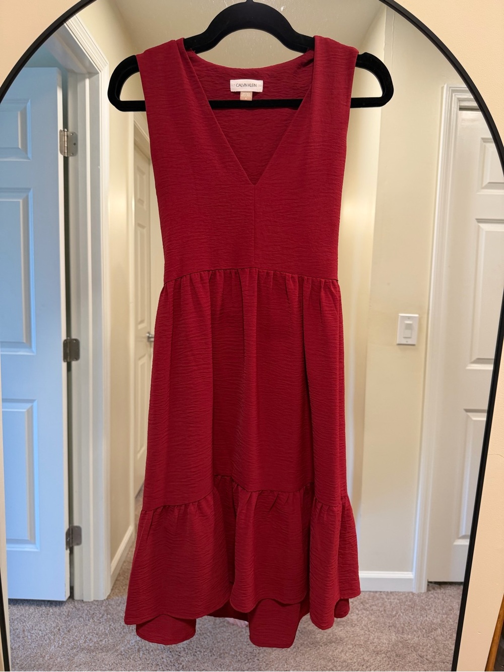 Calvin Klein Burgundy Tiered Midi Dress with Pockets Size 6